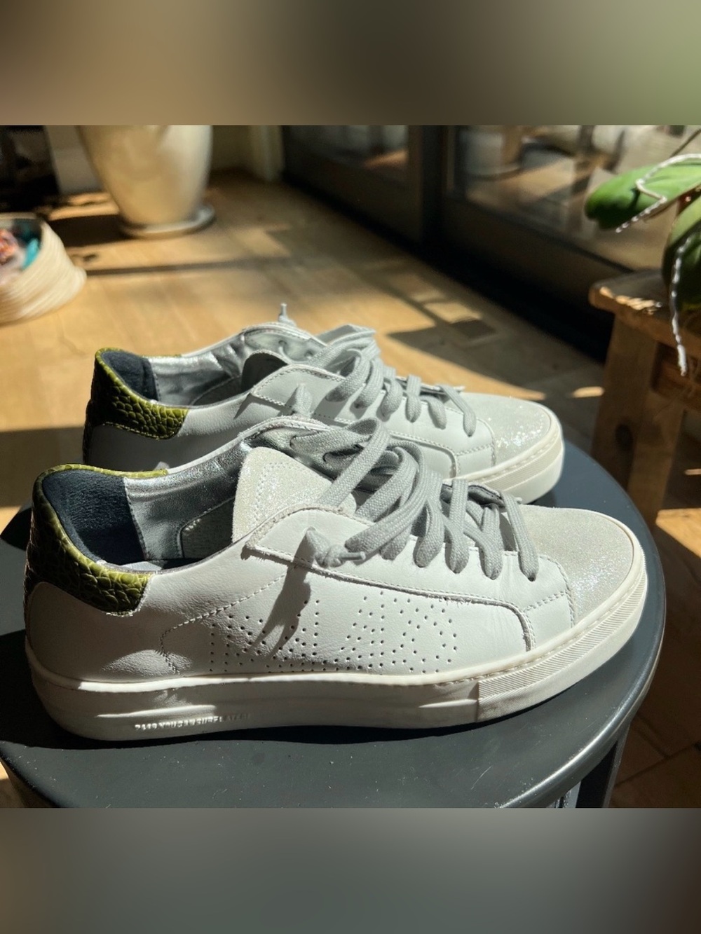 P448 White Leather Low-Top Sneakers with Olive Green Heel